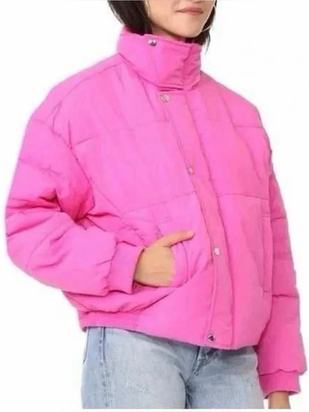 Free People Hot Pink Puffer Jacket Cropped Quilted Zip Up Size Small